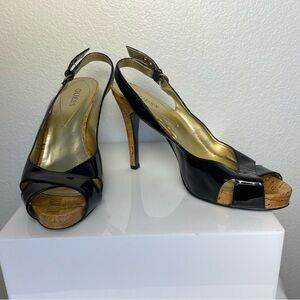 EUC GUESS Y2K Black Patent Leather Slingback Heels Cork Platform Women’s 7
